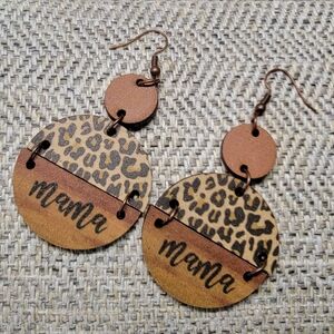 Wooden Leopard Round Shape "Mama" Earrings‎ 2/$15 3/$20 4/$25